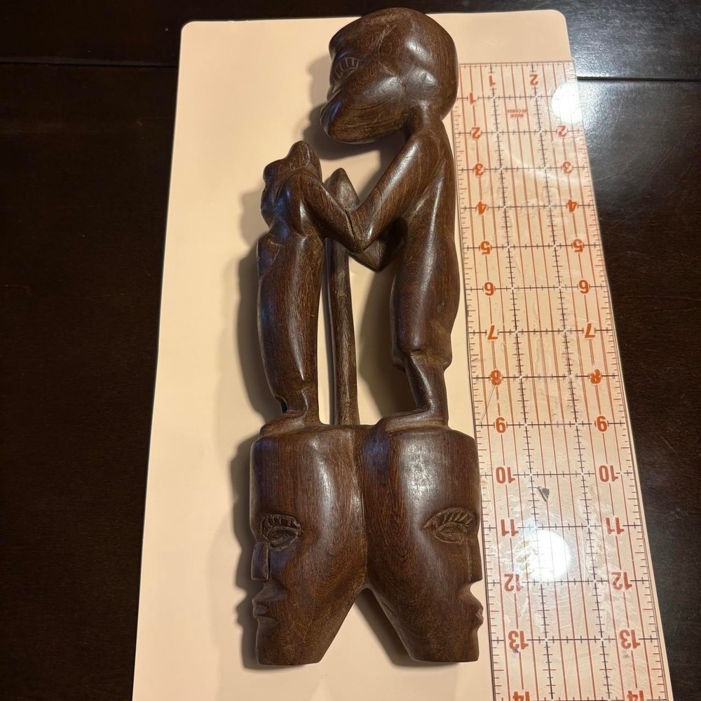 Vtg Hand Carved Wood Figure Sculpture African Folk Art Double Face Boho Decor